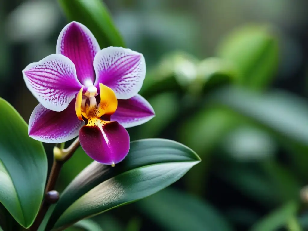 Fotografiar flora endémica de Uruguay: Detalle vibrante de una delicada orquídea, con colores vivos y patrones intrincados en un fondo verde difuminado