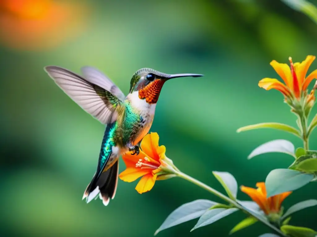 Fotografiando la flora y fauna autóctona de Uruguay: un colibrí vibrante bebiendo néctar de una flor naranja en vuelo