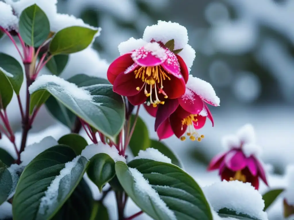 Flores fucsia cubiertas de nieve, destacando la adaptación flora y fauna Uruguay