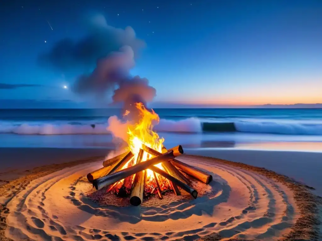 Una fogata brillante en la playa de Uruguay durante la Noche de San Juan, con personas alrededor riendo y disfrutando