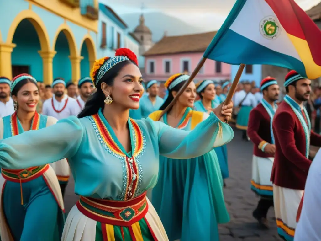 Celebración folclórica en Durazno, Uruguay, con desfile colorido, música alegre y edificios coloniales