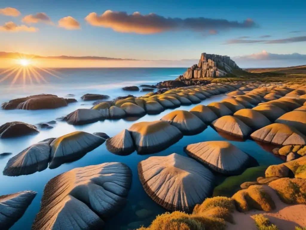 Formaciones rocosas de Uruguay bañadas por la cálida luz del atardecer, fotógrafo preparándose para capturar la escena