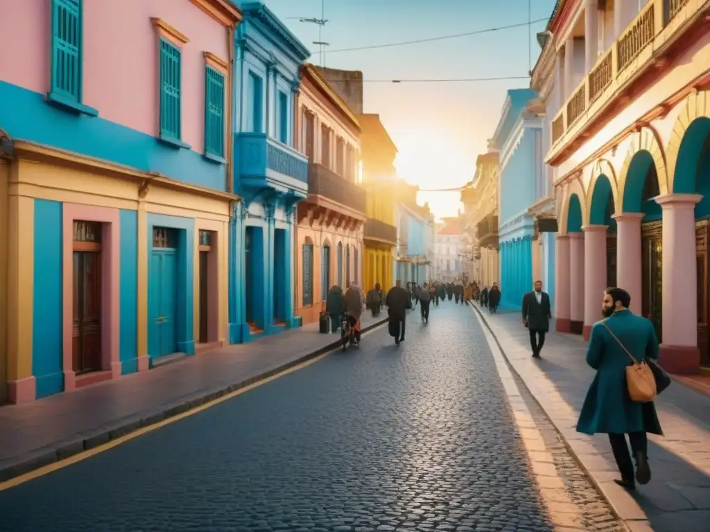 Fotografías urbanas luz natural impacto: Calle bulliciosa de Uruguay al atardecer, con cálida luz iluminando edificios coloniales