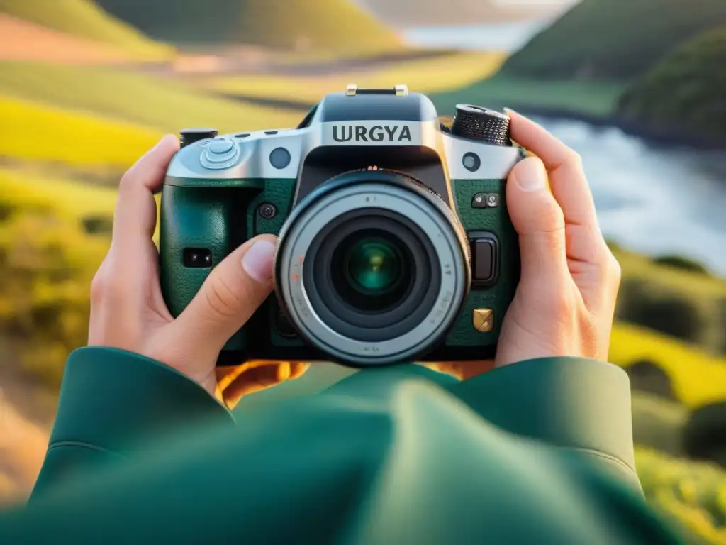 Un fotógrafo ajusta accesorios de viaje en cámara frente a paisajes de Uruguay al atardecer