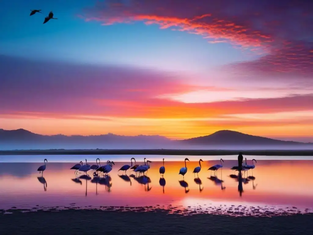 Un fotógrafo captura un amanecer impresionante sobre Laguna Garzón en Uruguay, con tonos vibrantes de rosa, morado y naranja pintando el cielo reflejado en las tranquilas aguas, donde un grupo de flamencos vuela elegante en la distancia