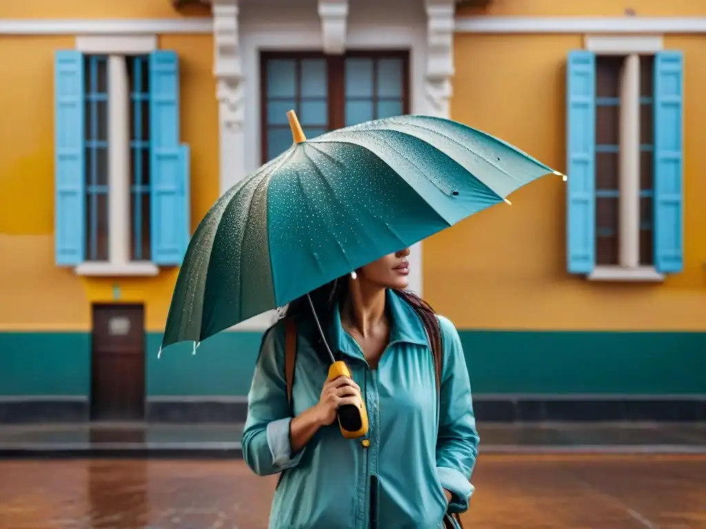 Un fotógrafo apasionado capturando la lluvia bajo un paraguas colorido en Montevideo, Uruguay