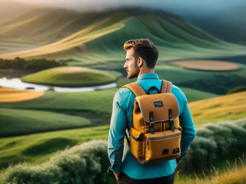 Un fotógrafo apasionado explorando paisajes de Uruguay al atardecer, con mochila fotográfica