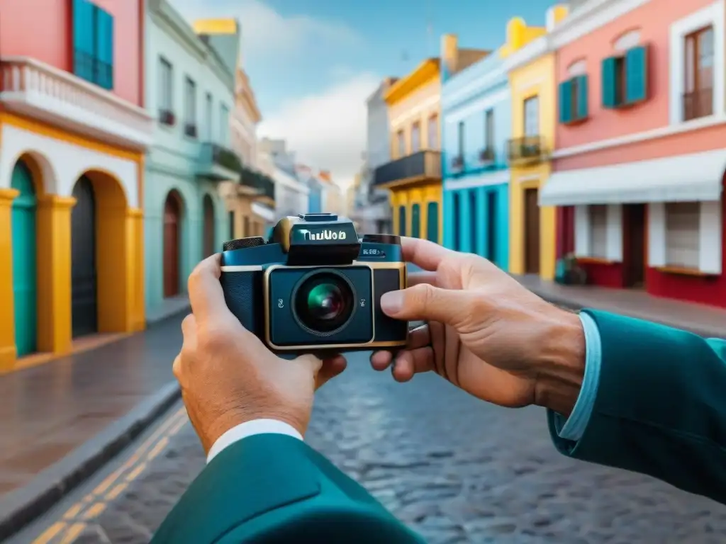 Un fotógrafo cambia la batería de su cámara en las coloridas calles de Montevideo, Uruguay