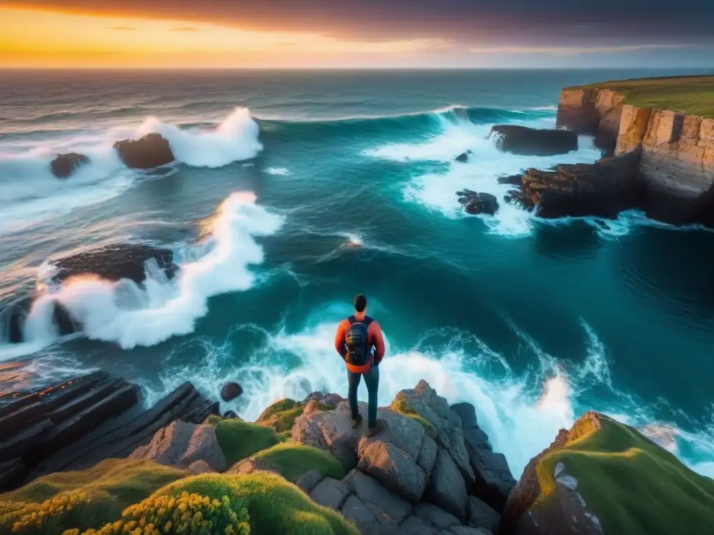 Fotógrafo capturando la belleza de Uruguay al atardecer con accesorios de cámara profesional