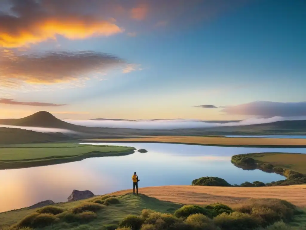 Un fotógrafo capturando la belleza de un atardecer dorado en los paisajes de Uruguay