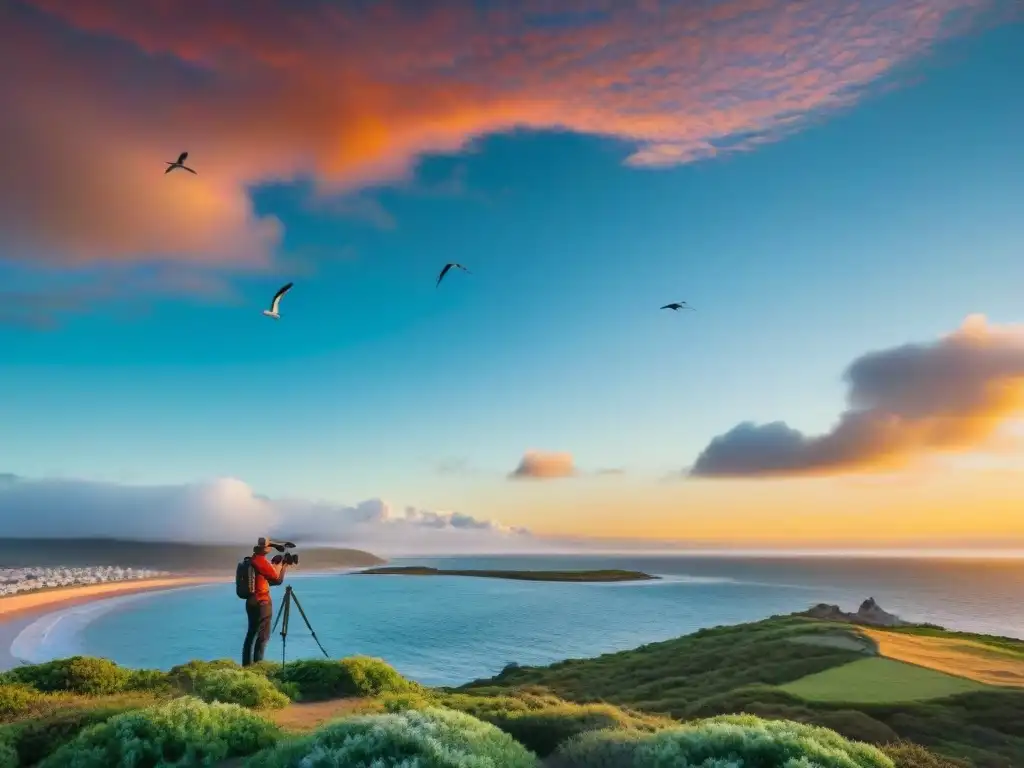 Fotógrafo ajustando cámara en trípode, capturando la belleza de Uruguay al atardecer