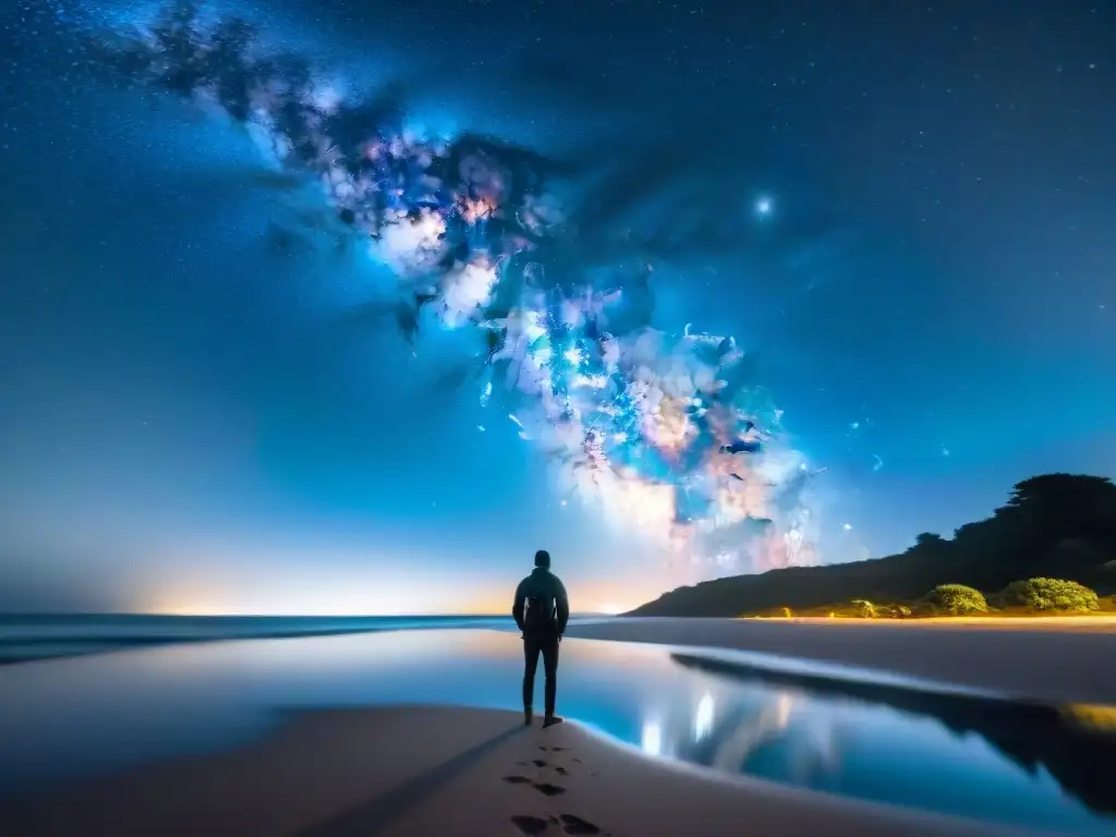 Fotógrafo capturando la belleza celestial en la playa de Uruguay bajo un cielo estrellado y sereno