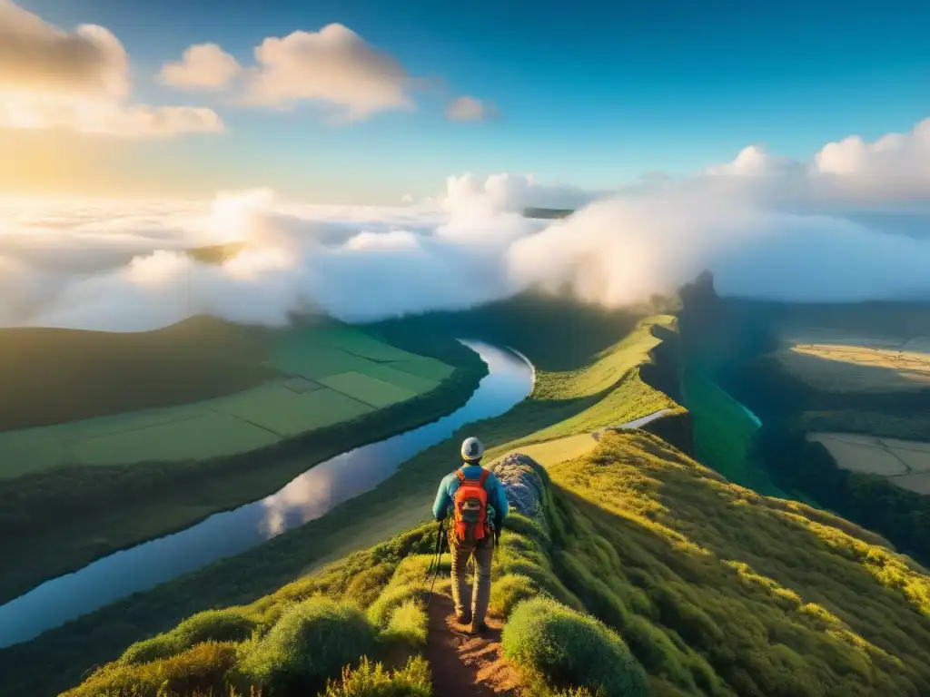 Un fotógrafo capturando la belleza de los mejores lugares trekking en Uruguay, con valles verdes y ríos serpenteantes