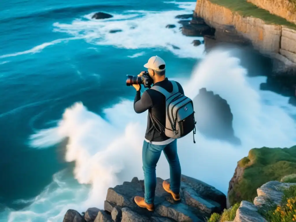 Fotógrafo ajustando cámara en acantilado de Uruguay, capturando la belleza como un profesional