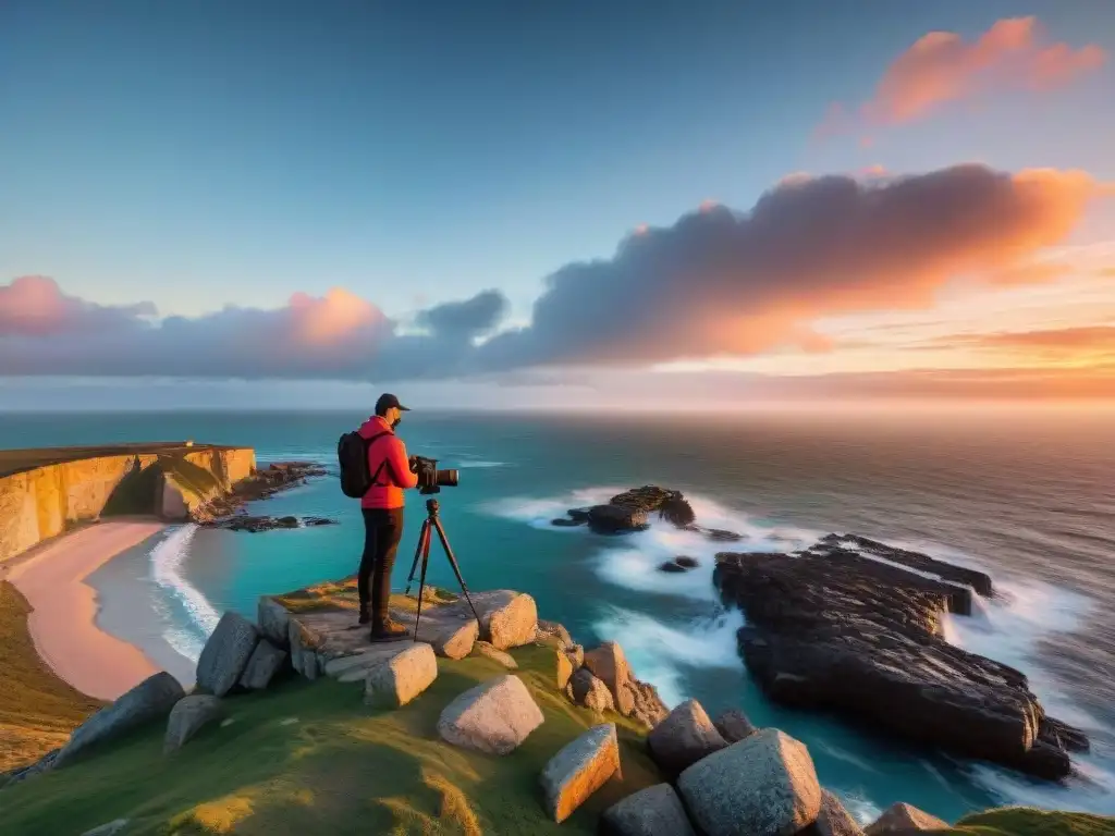 Un fotógrafo ajusta su cámara al atardecer en un acantilado de Uruguay