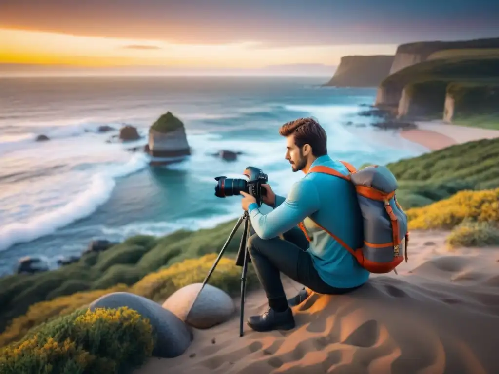 Fotógrafo preparando su cámara en la playa de Uruguay al atardecer