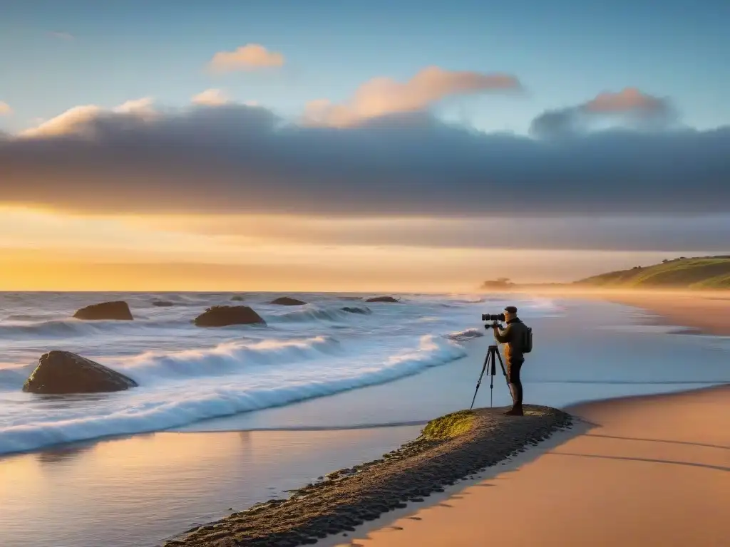 Fotógrafo preparando cámara para capturar primeros rayos de sol en una playa serena de Uruguay al amanecer