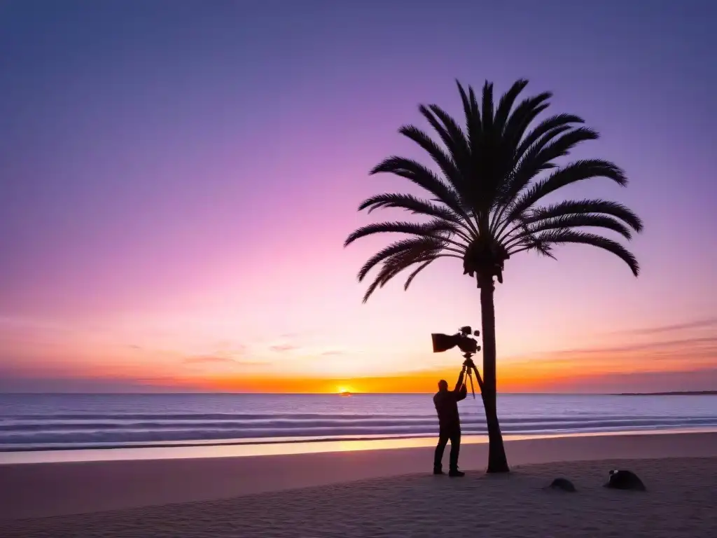 Un fotógrafo prepara su cámara al amanecer en Punta del Este, Uruguay, capturando la magia de los primeros rayos de sol sobre la playa