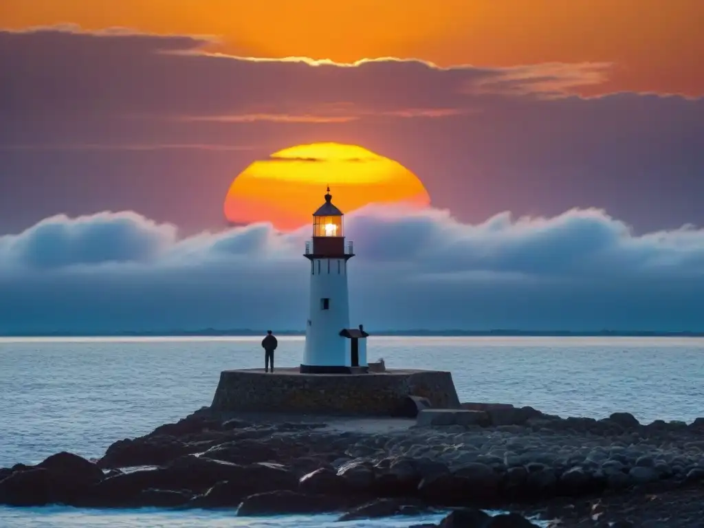 Fotógrafo ajustando la cámara para capturar el vibrante atardecer en el faro de Colonia del Sacramento, Uruguay