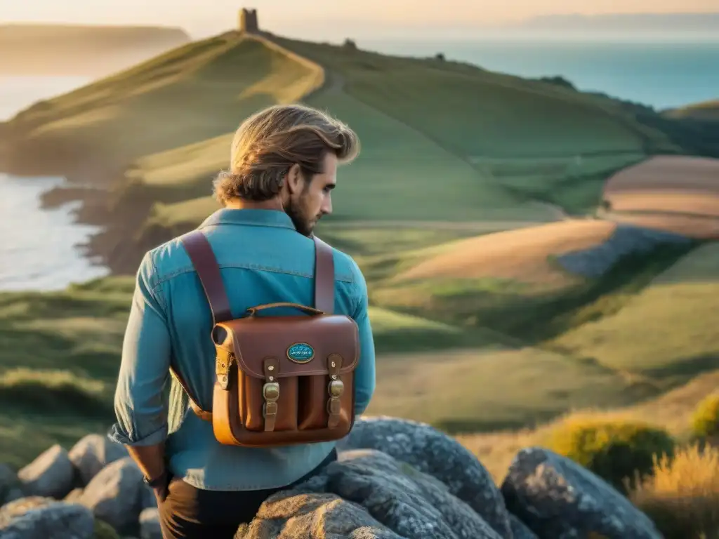 Un fotógrafo ajustando su cámara vintage en un acantilado de Uruguay con una mochila llena de accesorios de fotografía de viaje