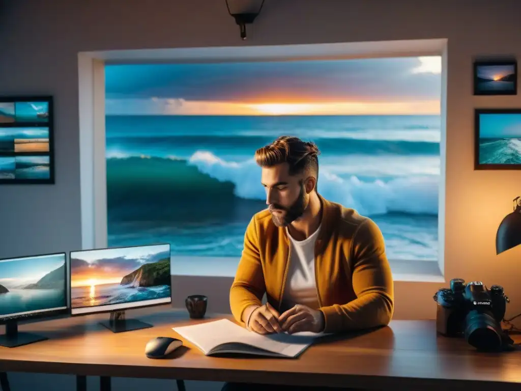 Fotógrafo concentrado editando al atardecer en taller de edición de fotos en Uruguay