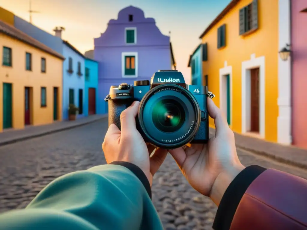 Un fotógrafo ajusta los controles de su cámara en Colonia del Sacramento al atardecer