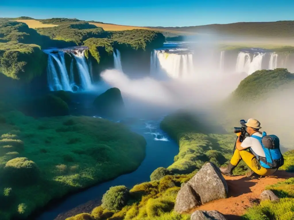 Fotógrafo preparando equipo frente a cascada en paisaje uruguayo