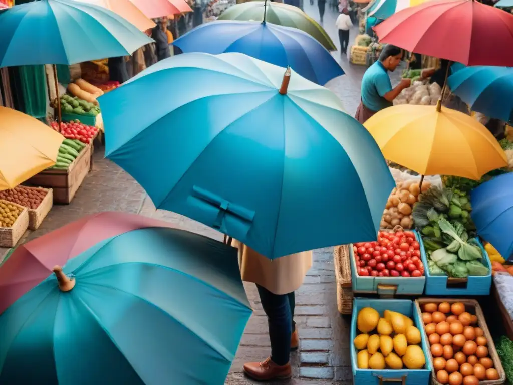 Un fotógrafo captura la esencia vibrante de un mercado callejero uruguayo, entre vendedores y sombrillas coloridas bajo un cielo azul