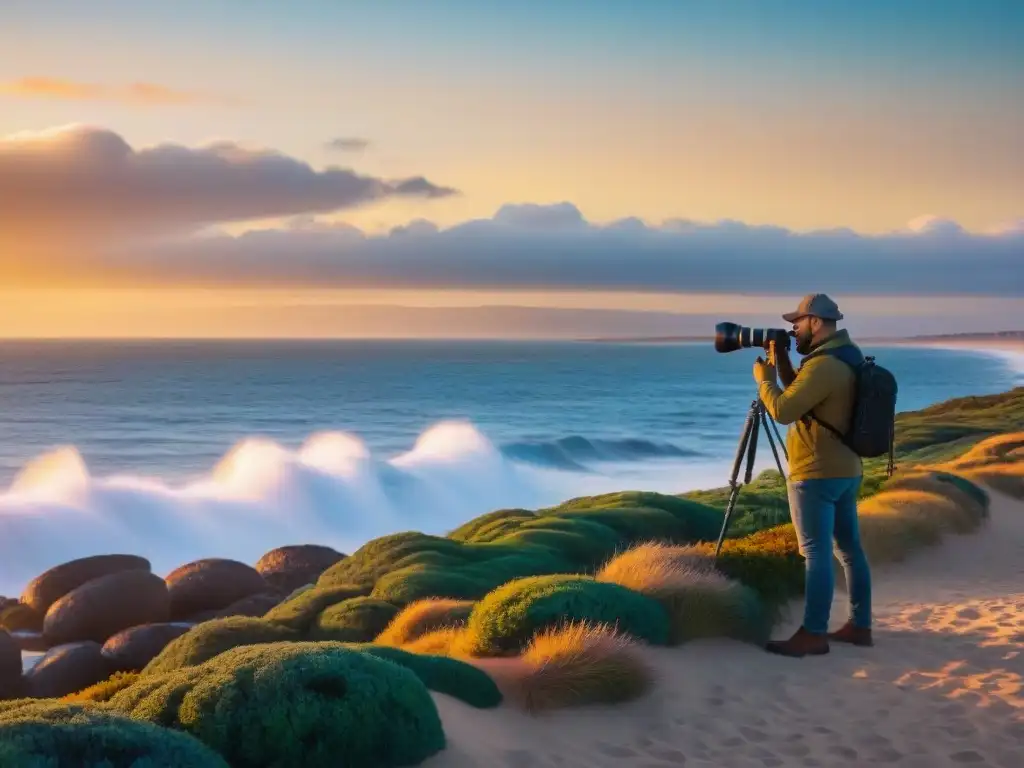 Fotógrafo experto capturando atardecer en Punta del Este, Uruguay, con accesorios de cámara profesional