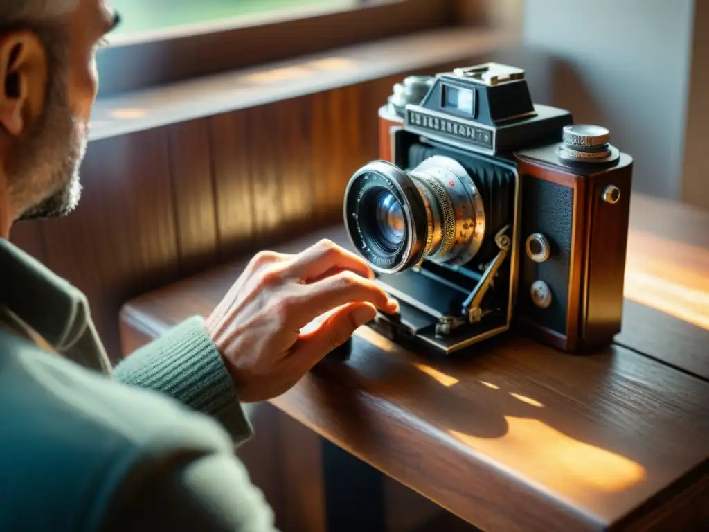 Un fotógrafo experto ajusta una cámara vintage con destreza, iluminado por luz natural