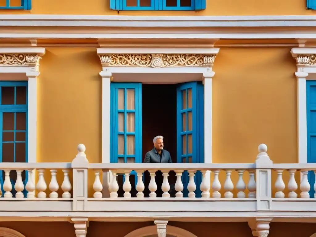 Un fotógrafo experto capturando la esencia de un edificio antiguo en Uruguay al atardecer, centrado en preservar su historia