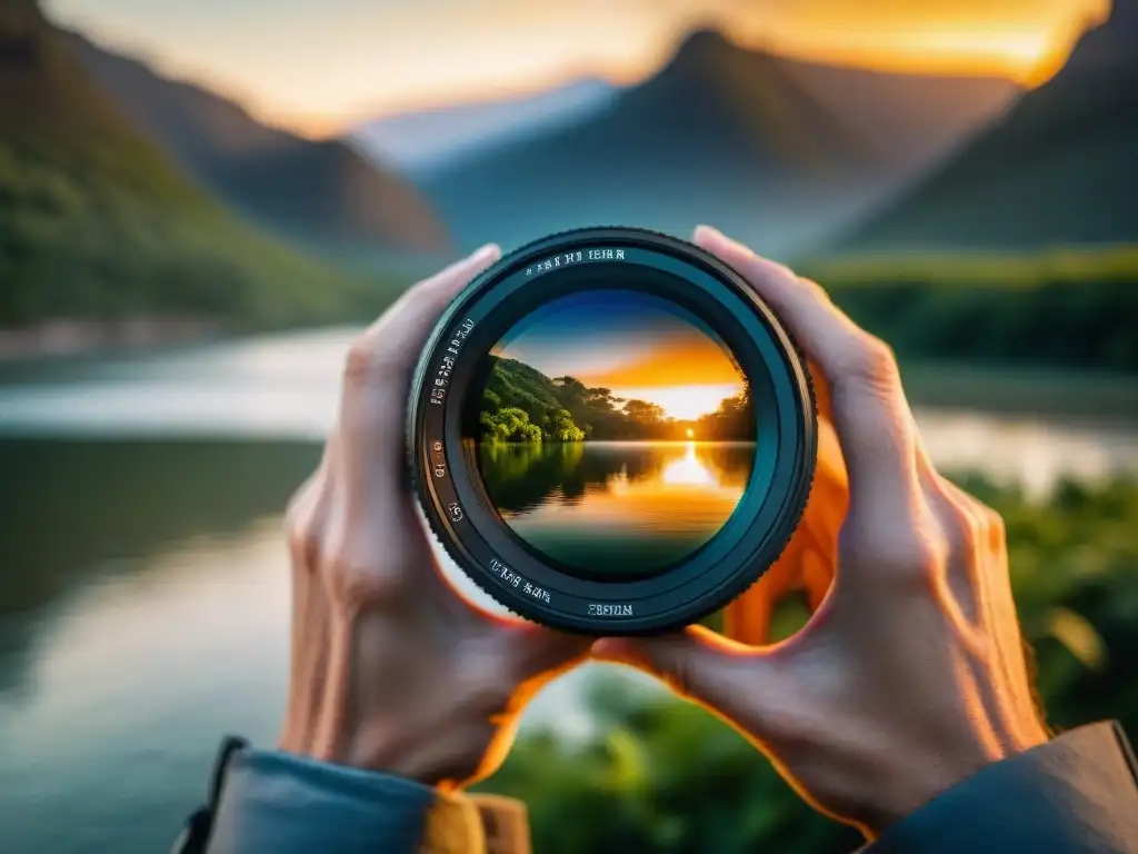 Un fotógrafo ajustando un filtro polarizador al atardecer en Uruguay, rodeado de naturaleza