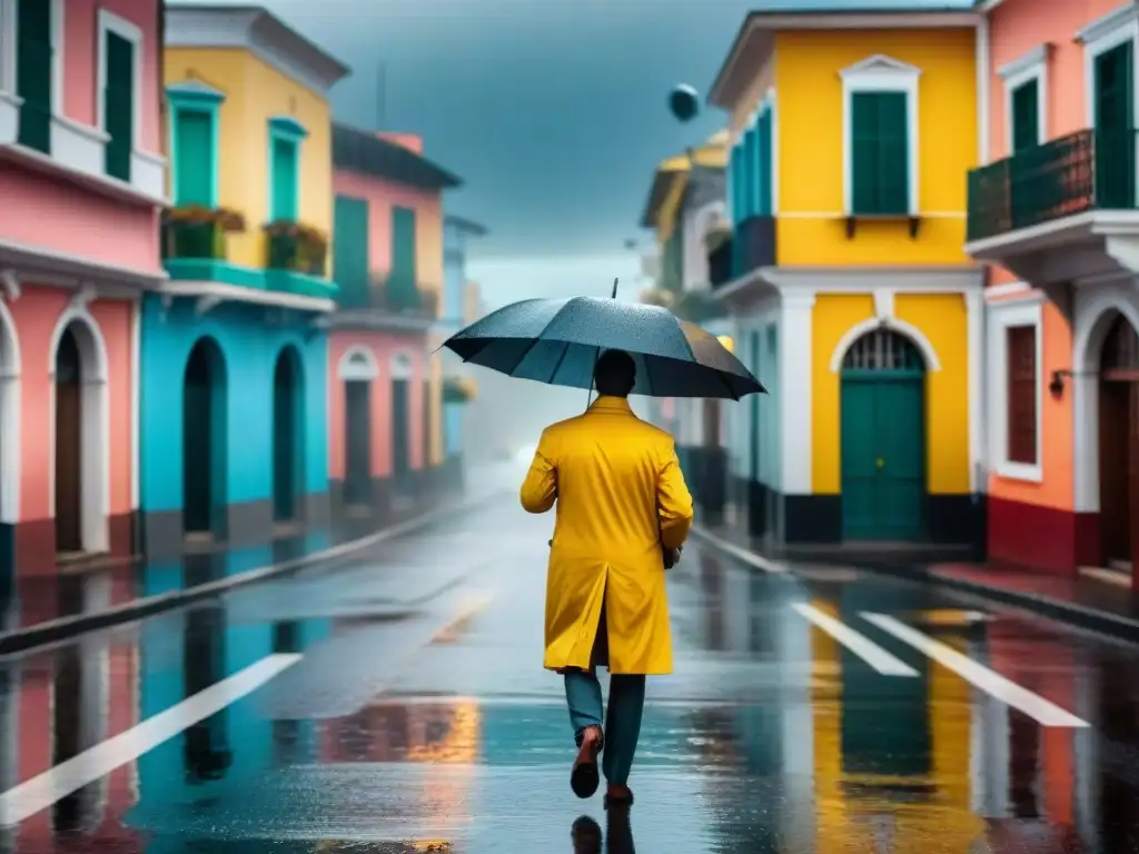 Un fotógrafo en Uruguay, bajo la lluvia, ajusta su cámara con determinación