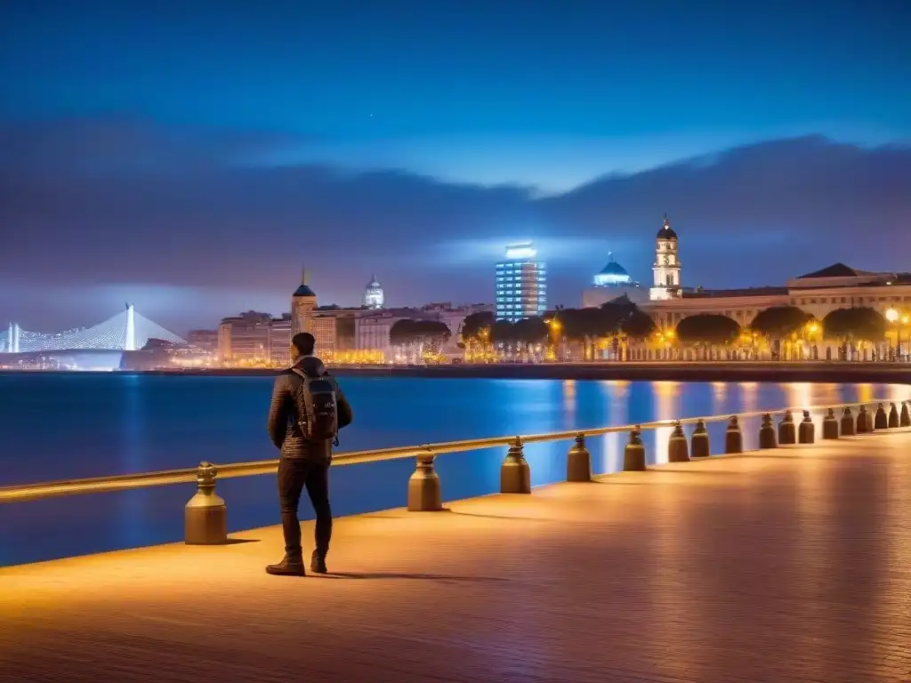 Fotógrafo capturando Montevideo de noche, reflejos de luces en el Río de la Plata