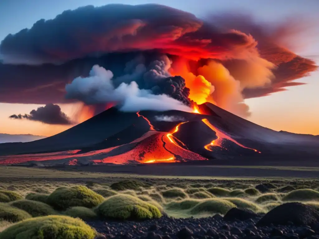 Fotógrafo capturando paisajes volcánicos en Uruguay al atardecer con colores vibrantes y lava en movimiento