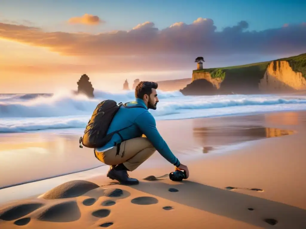 Fotógrafo en la playa de Uruguay capturando olas contra un acantilado al atardecer