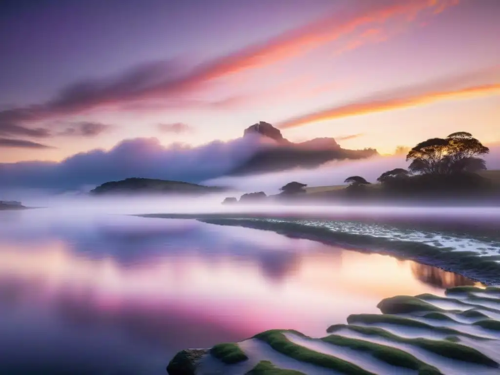 Un fotógrafo captura los primeros rayos de sol en Uruguay, creando una escena serena y mágica en el río al amanecer