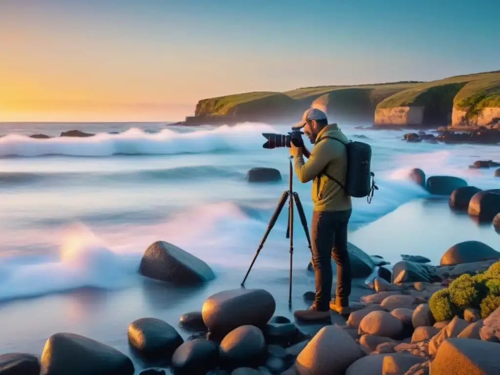 Fotógrafo profesional preparando su cámara al amanecer en la costa de Uruguay