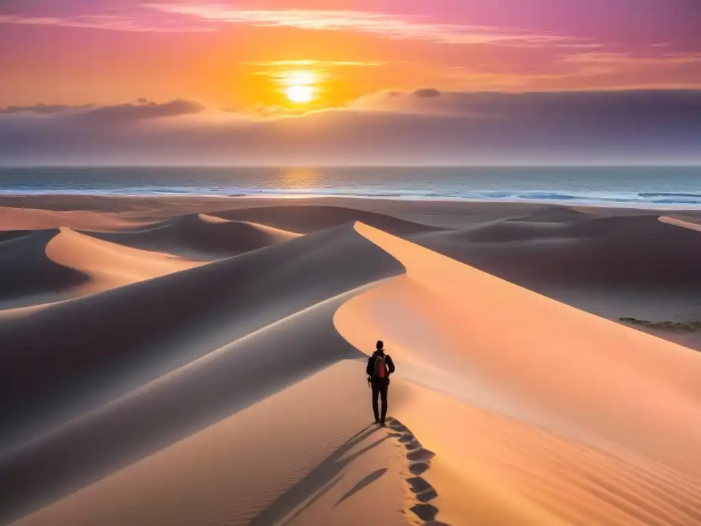 Un fotógrafo captura la puesta de sol en las dunas doradas de Cabo Polonio, uno de los mejores lugares para hacer trekking en Uruguay