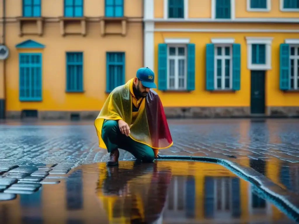 Fotógrafo capturando reflejos de edificios coloniales en charco de lluvia en Montevideo, Uruguay