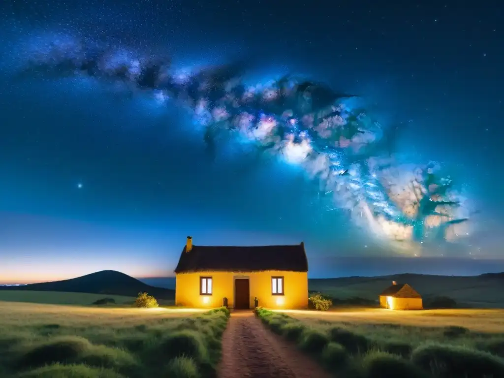 Un fotógrafo solitario ajustando su cámara bajo un cielo estrellado en la campiña uruguaya