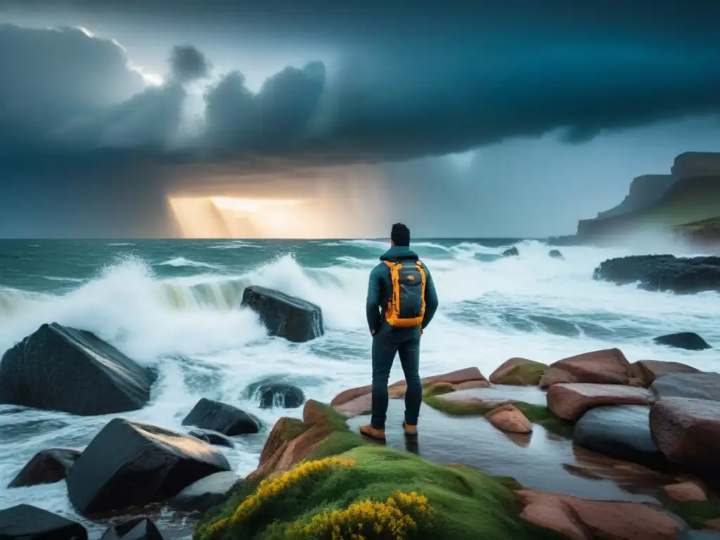 Un fotógrafo solitario captura la tormenta en la costa uruguaya, desafiando la naturaleza con su equipo de fotografía aventura en Uruguay