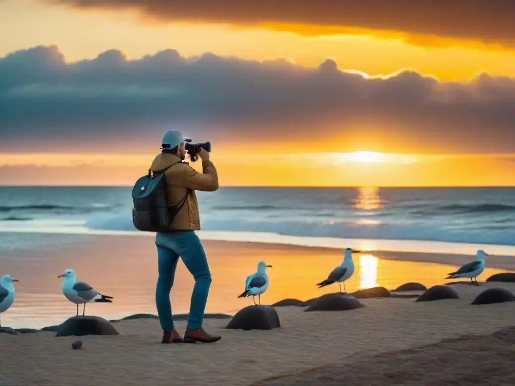 Un fotógrafo solitario capturando un vibrante atardecer en Punta del Este, Uruguay