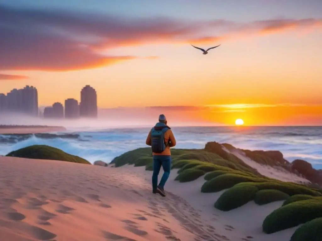 Un fotógrafo uruguayo capturando el atardecer en Punta del Este con una paleta de colores vibrantes, mientras las gaviotas vuelan