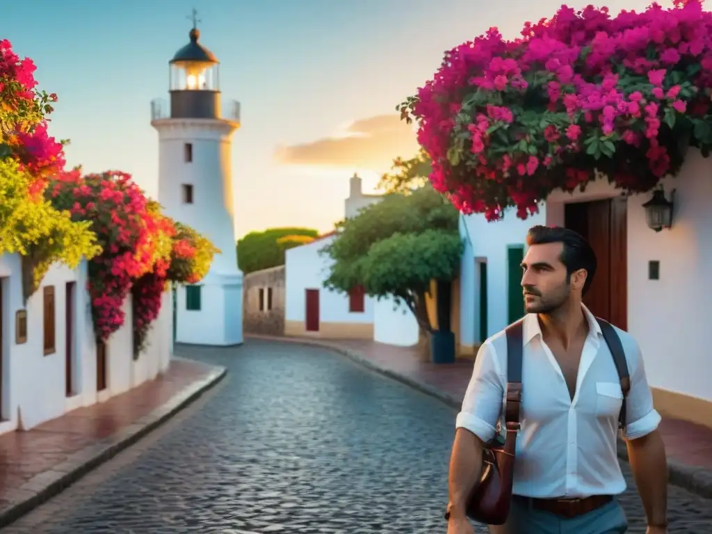 Fotógrafo uruguayo ajustando cámara junto al faro en Colonia del Sacramento, rodeado de bougainvilleas