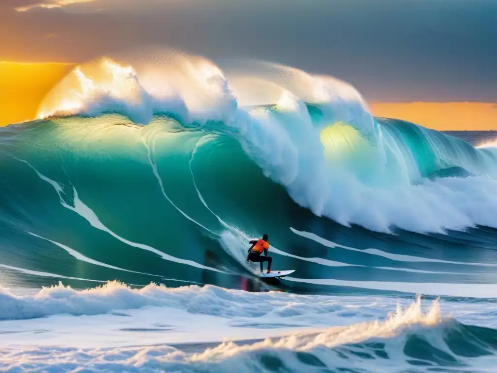 Fotógrafo uruguayo captura surfista en ola gigante en Punta del Este al atardecer