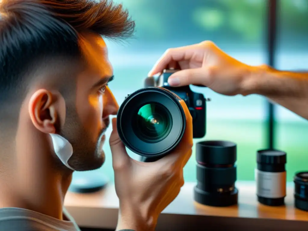 Un fotógrafo uruguayo captura accesorios de cámara con meticulosa limpieza en su estudio profesional