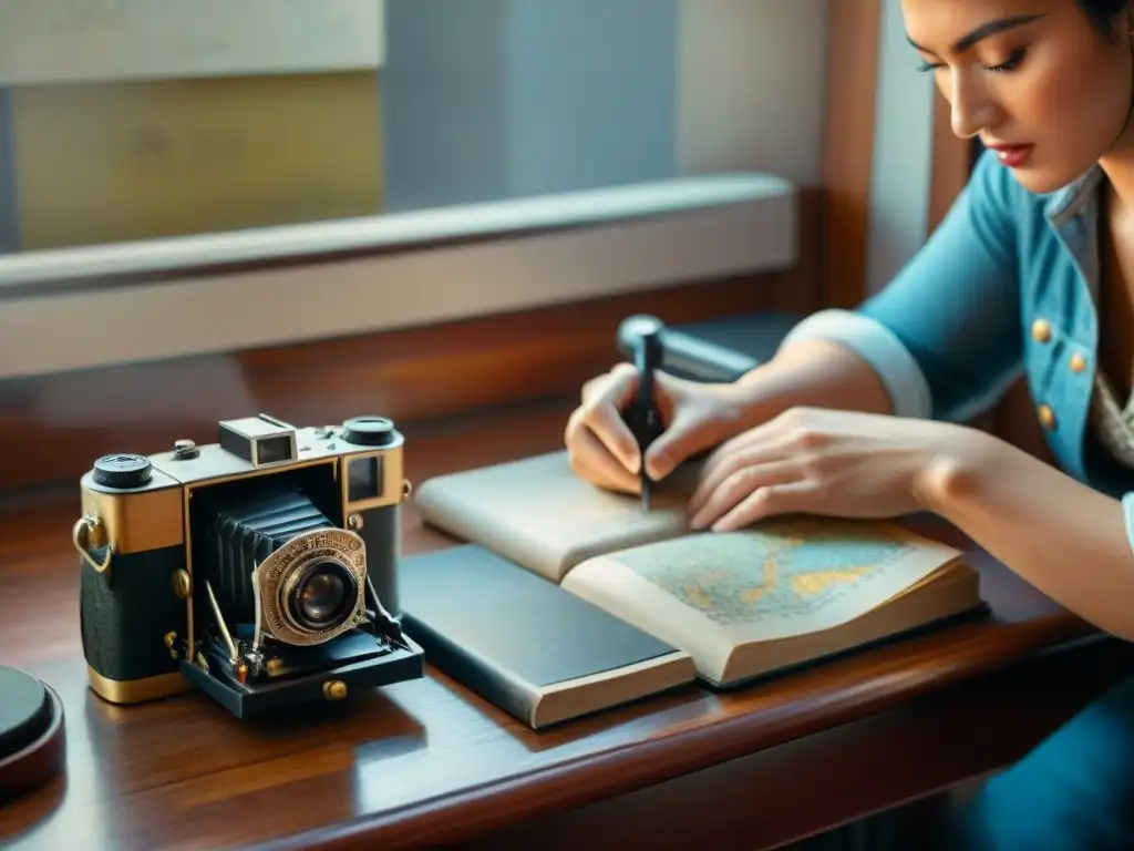 Un fotógrafo de viaje en Uruguay ajustando una cámara vintage con luz natural cálida