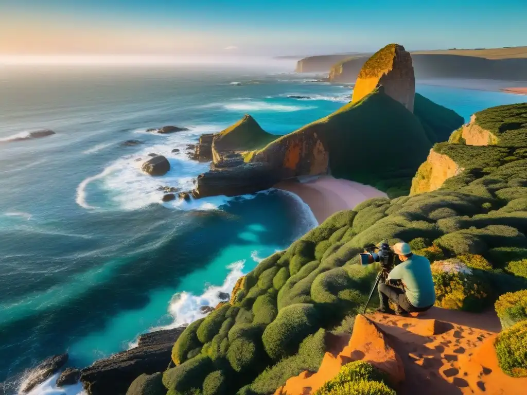 Fotógrafos aventureros preparando su equipo en un acantilado en Uruguay, con el atardecer pintando el cielo de colores cálidos