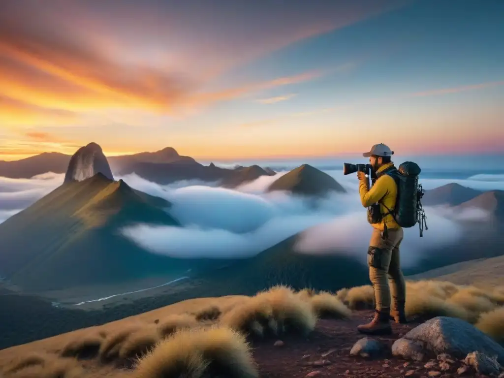 Fotógrafos aventureros capturando el vibrante atardecer en las sierras uruguayas durante taller de fotografía aventura